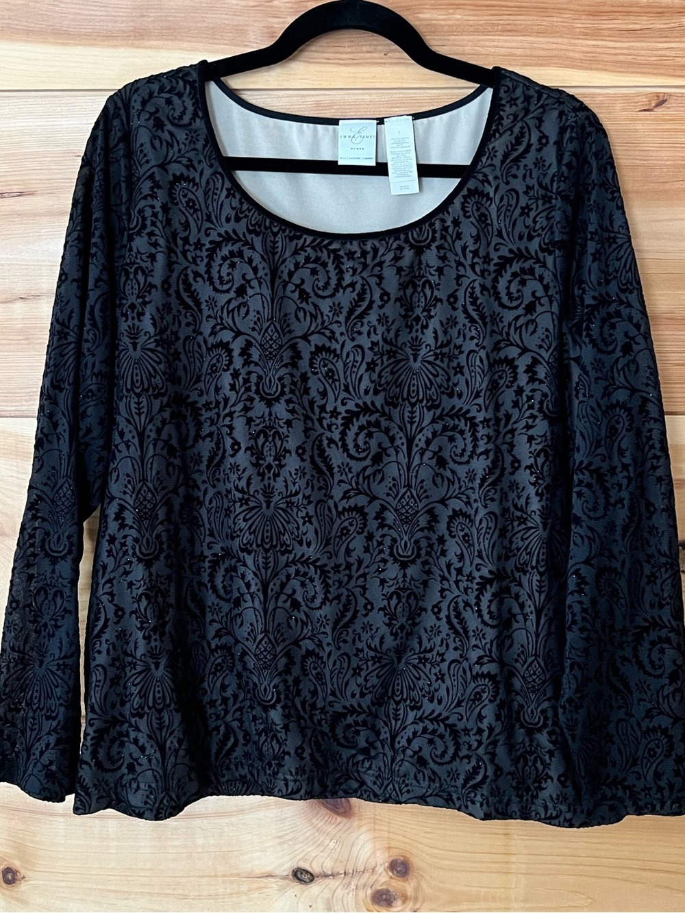 Emma James Black Burnout Velvet Damask Long Sleeve Blouse Whimsigoth Elegant